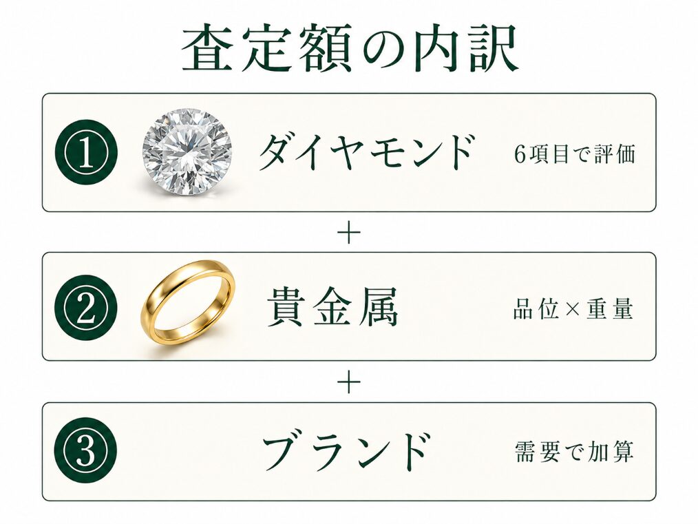 ダイヤモンドジュエリーの査定額が宝石・貴金属・ブランドの3層の合計で決まることを示す構造図。