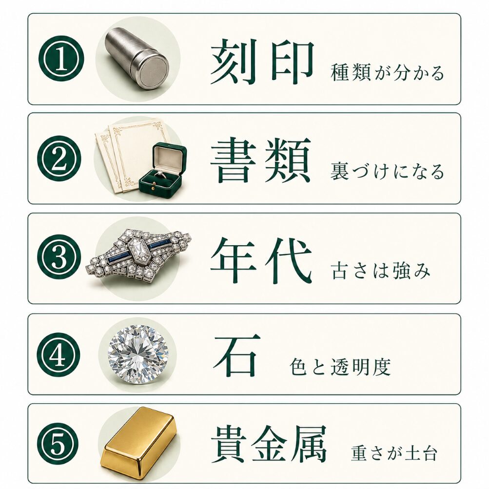 査定額は刻印・書類・年代・石・貴金属の5つを合わせて決まります。