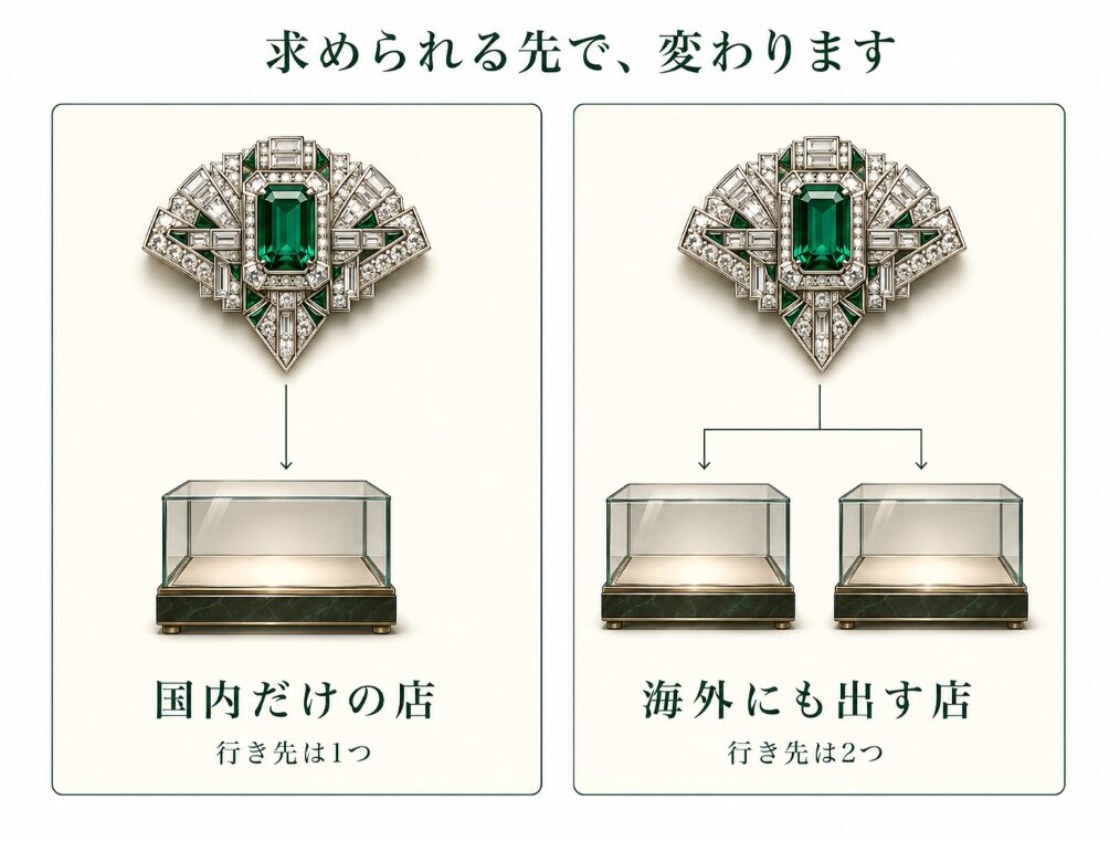 同じ品でも、行き先が国内だけの店と、国内と海外の両方に出せる店があることを示した画像です。