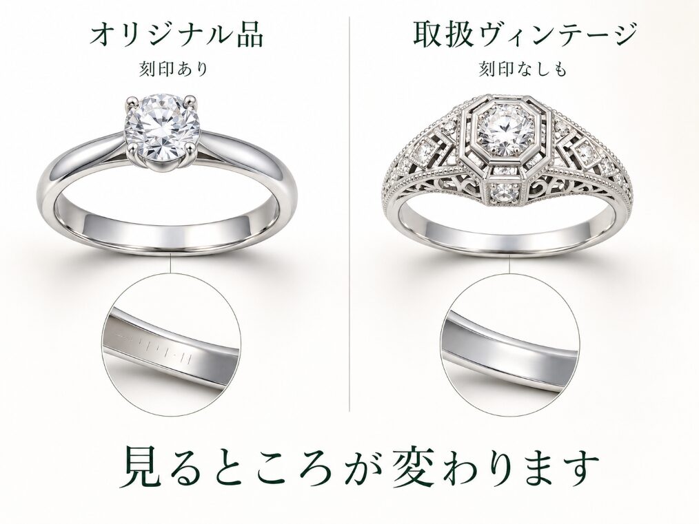 署名のあるオリジナル品と、刻印のない取扱ヴィンテージを並べたイメージ画像です。同じ内側を見比べています。