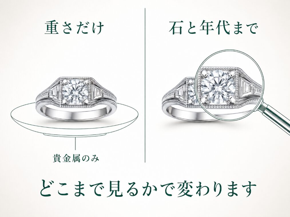 同じリングでも、貴金属の重さだけを見る査定と、石・年代・作りまで見る査定があることを示した画像です。