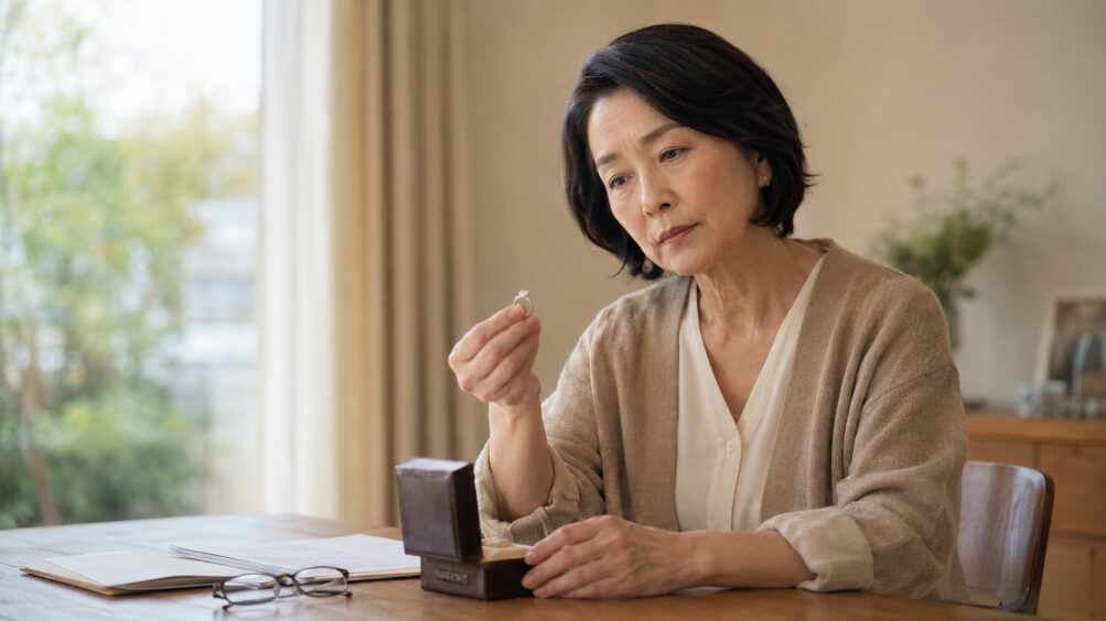 宝石のリングを見つめて悩む女性