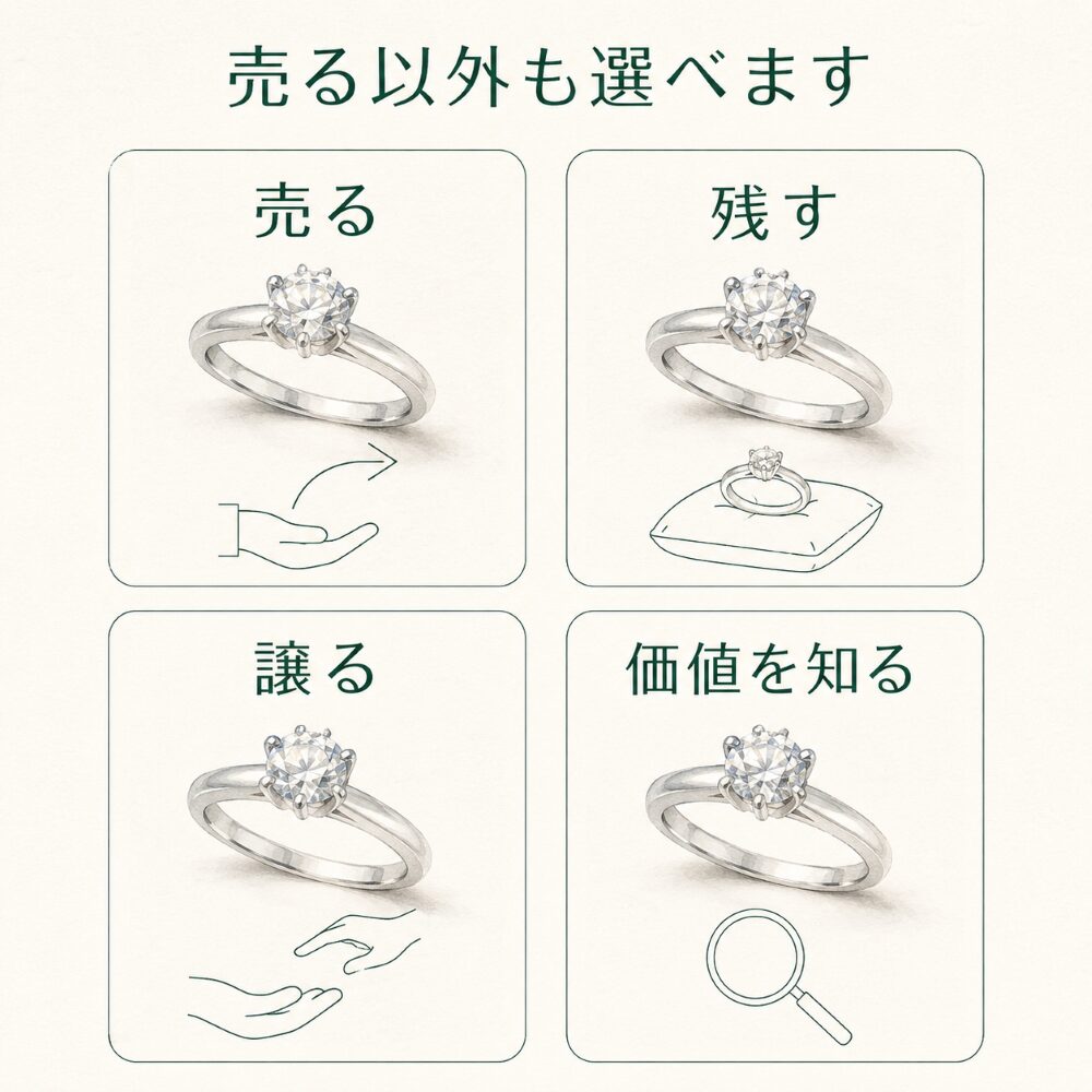 査定を受けたあとに選べる、残す・譲る・売る・価値を知るという4つの選択肢を示すイメージ画像。