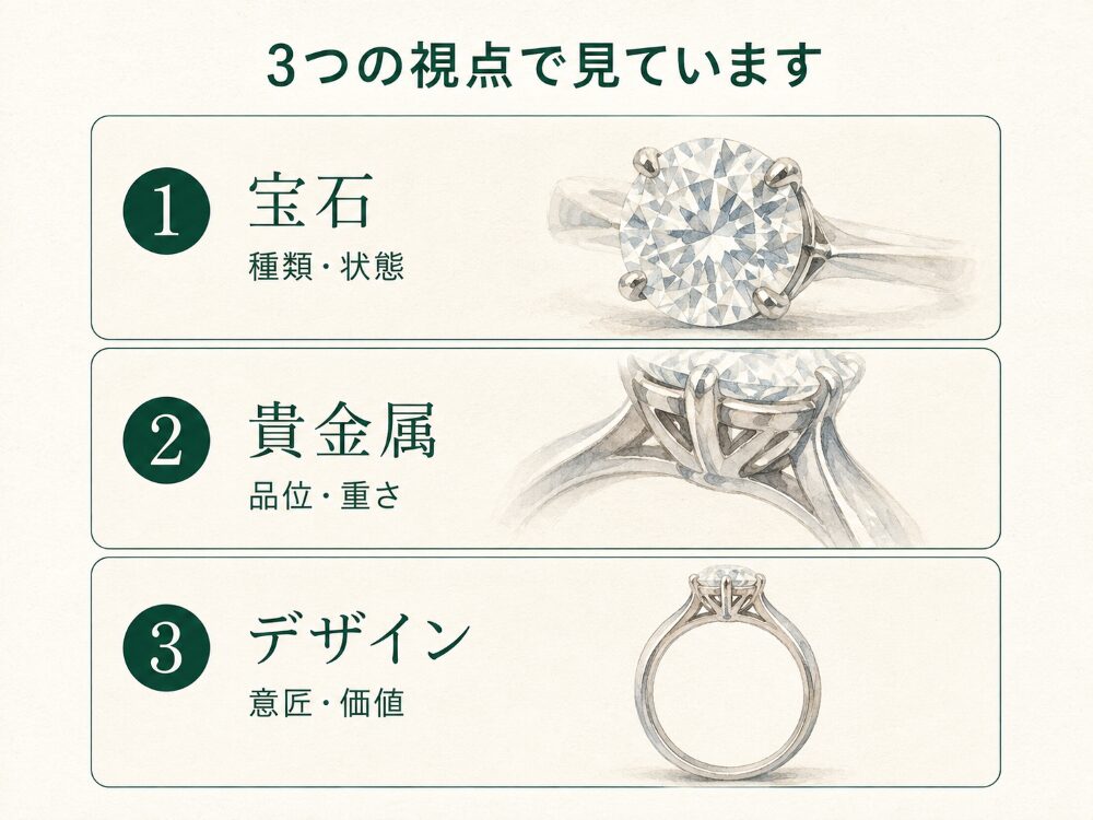 指輪の査定で確認される宝石・貴金属・デザインという3つの視点を示すインフォグラフィック画像。