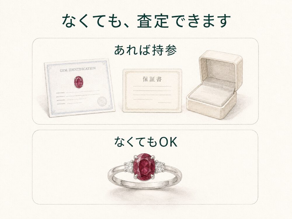 査定に持参するとよいものと、なくても査定を受けられるものを対比させたイメージ画像。