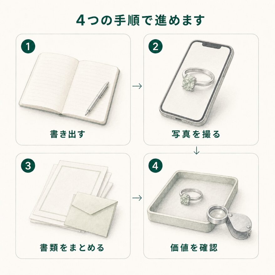 手元のジュエリーを書き出し、写真を撮り、書類をまとめ、現在価値の目安を確認するという4つの手順を示すステップ図。