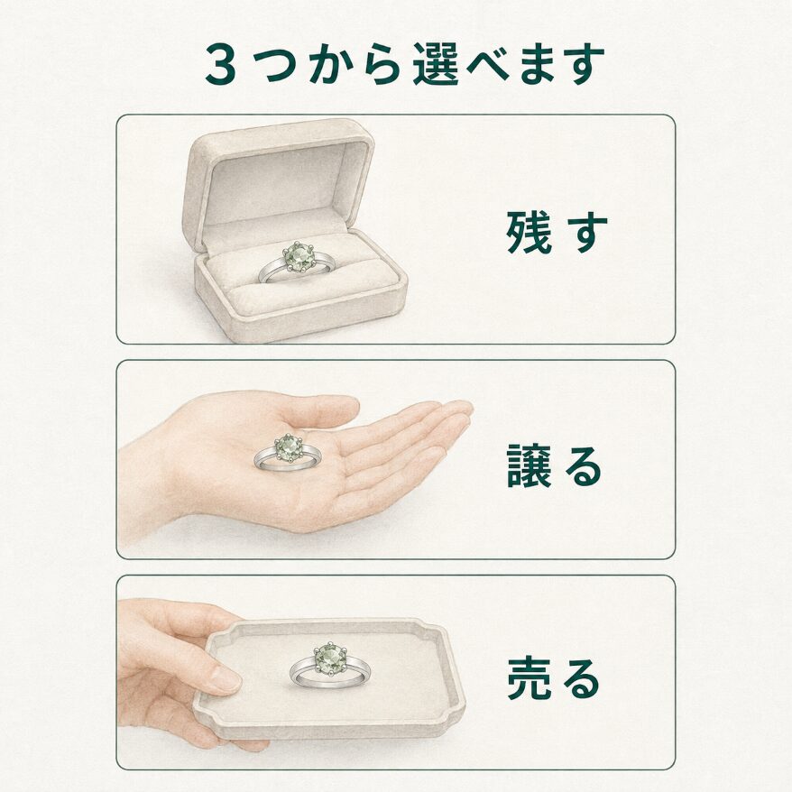 現在価値を把握しておくことで、残す・家族へ譲る・売るという3つの選択肢から落ち着いて選べることを示す比較画像。