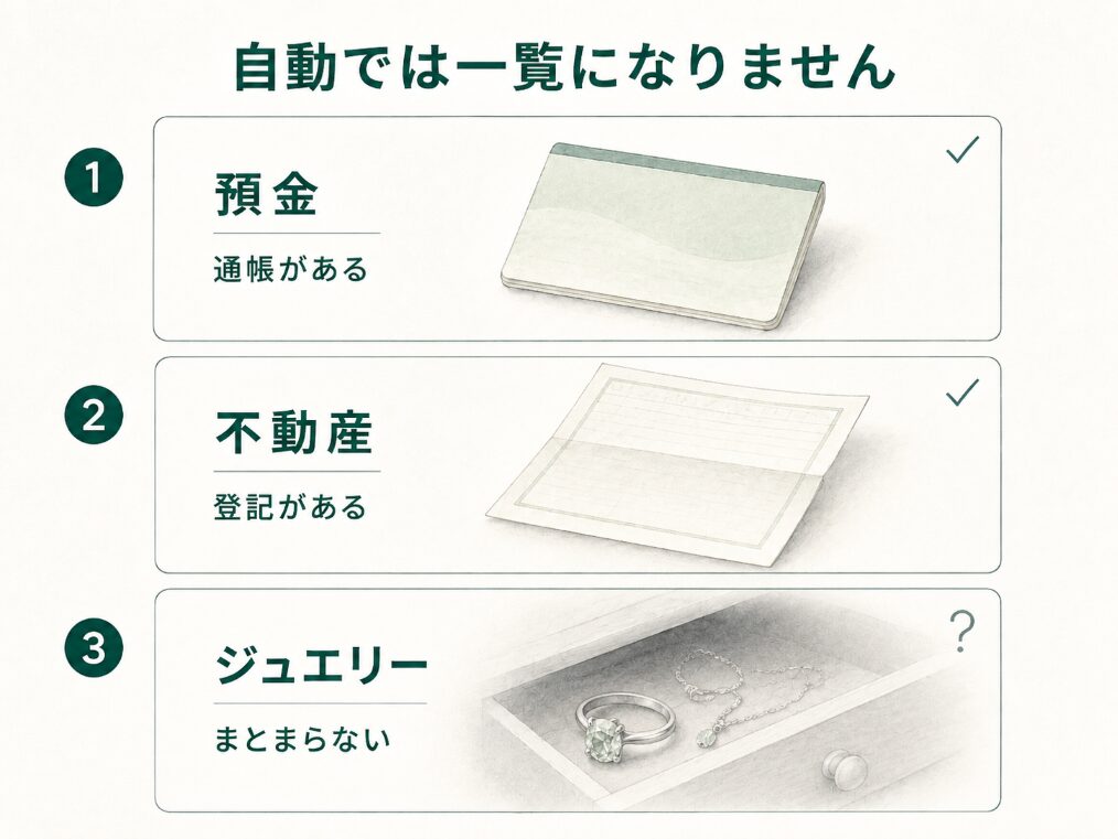 預金の通帳や不動産の登記のように自動的に一覧化される仕組みがないため、ジュエリーが資産の棚卸しから漏れやすいことを示す構造図。