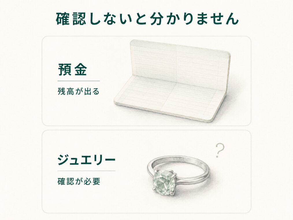 預金は残高が表示されるのに対し、宝石・ジュエリーは確認しなければ金額が分からないという違いを示す比較画像。
