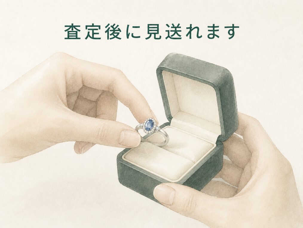査定を終えた指輪を小箱に戻し持ち帰る場面を示すイメージ画像。査定後に見送れることを示す。