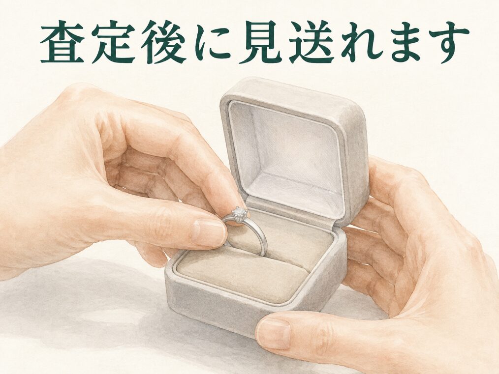 査定を終えた指輪を小箱に戻し持ち帰る場面を示すイメージ画像。査定後に見送れることを示す。