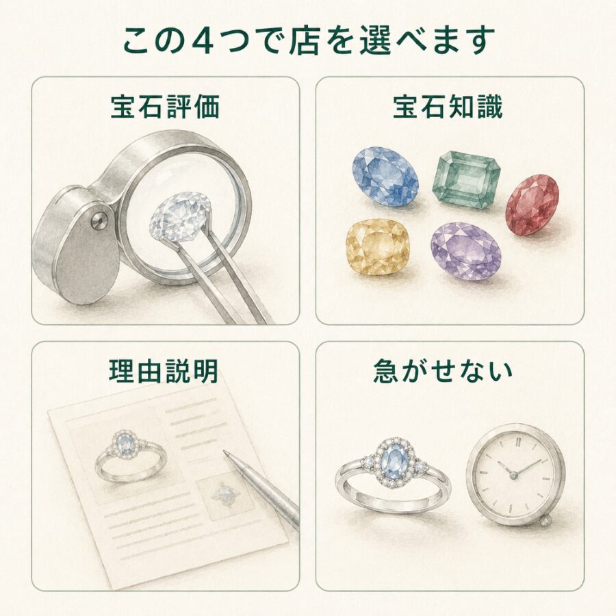 宝石そのものの評価力・宝石知識・査定理由の説明・急がせない姿勢という4つの視点を2×2で示すイメージ画像。