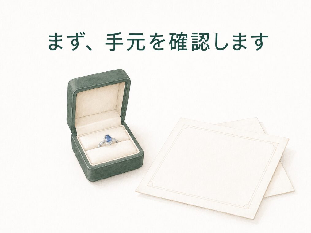 ジュエリーケースに収めた指輪と、傍らに置かれた付属書類を確認する場面を示すイメージ画像。処分せずにまず手元の品を確認するという行動を示す。