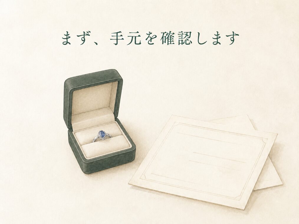 遺品整理で見つかった指輪や宝石箱、書類を確認する場面を示すイメージ画像。処分せずにまず手元の品を確認するという行動を示す。