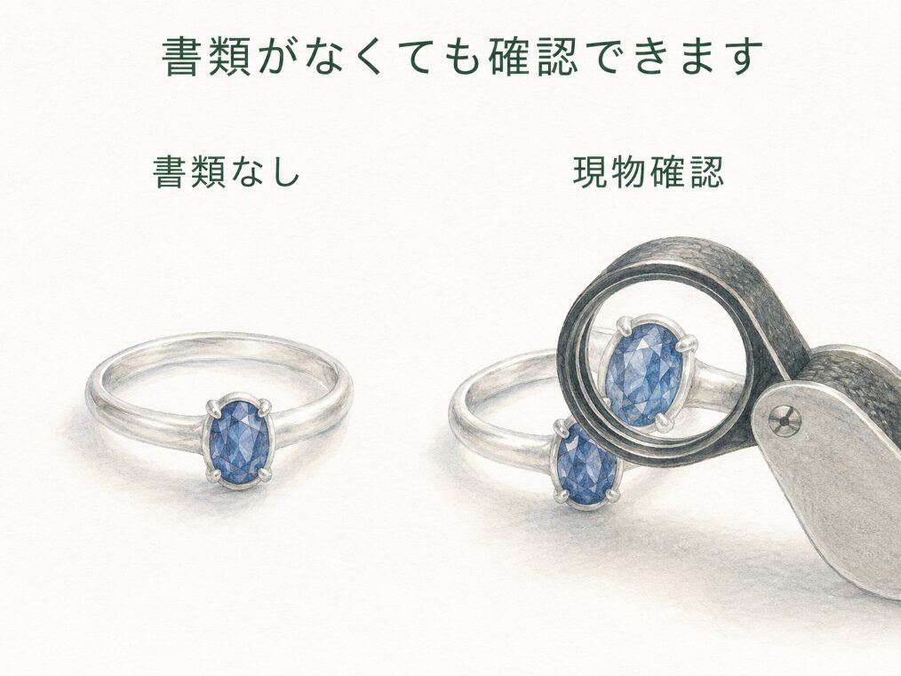 鑑別書や保証書がない指輪と、現物をルーペで確認する場面を対比させたイメージ画像。書類がなくても確認できることを示す。