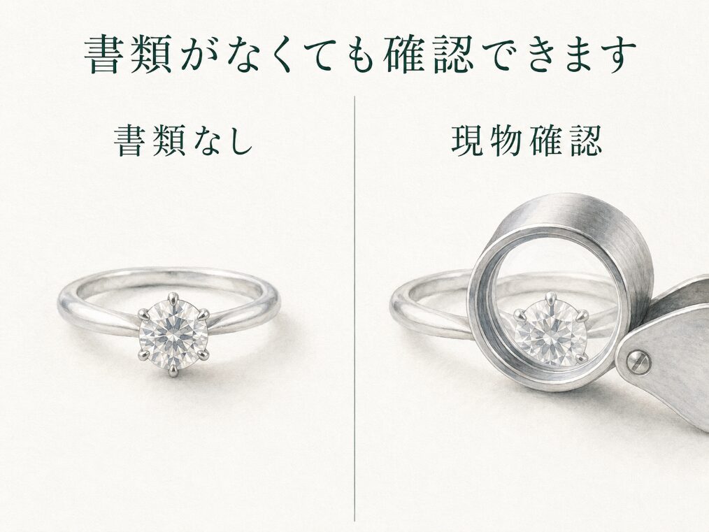 鑑別書や保証書がない指輪と、現物をルーペで確認する場面を対比させたイメージ画像。書類がなくても確認できることを示す。
