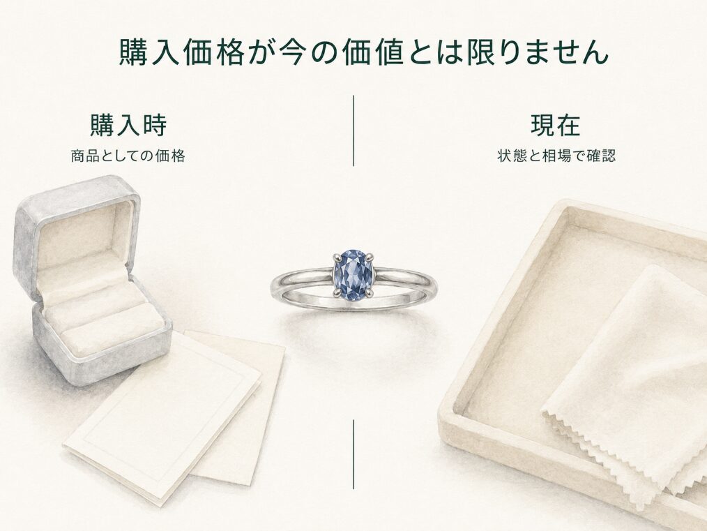 中央に1点の指輪を描き、購入時の商品価格と現在の状態・相場を確認して分かる価値が同じとは限らないことを示す比較イメージ画像。
