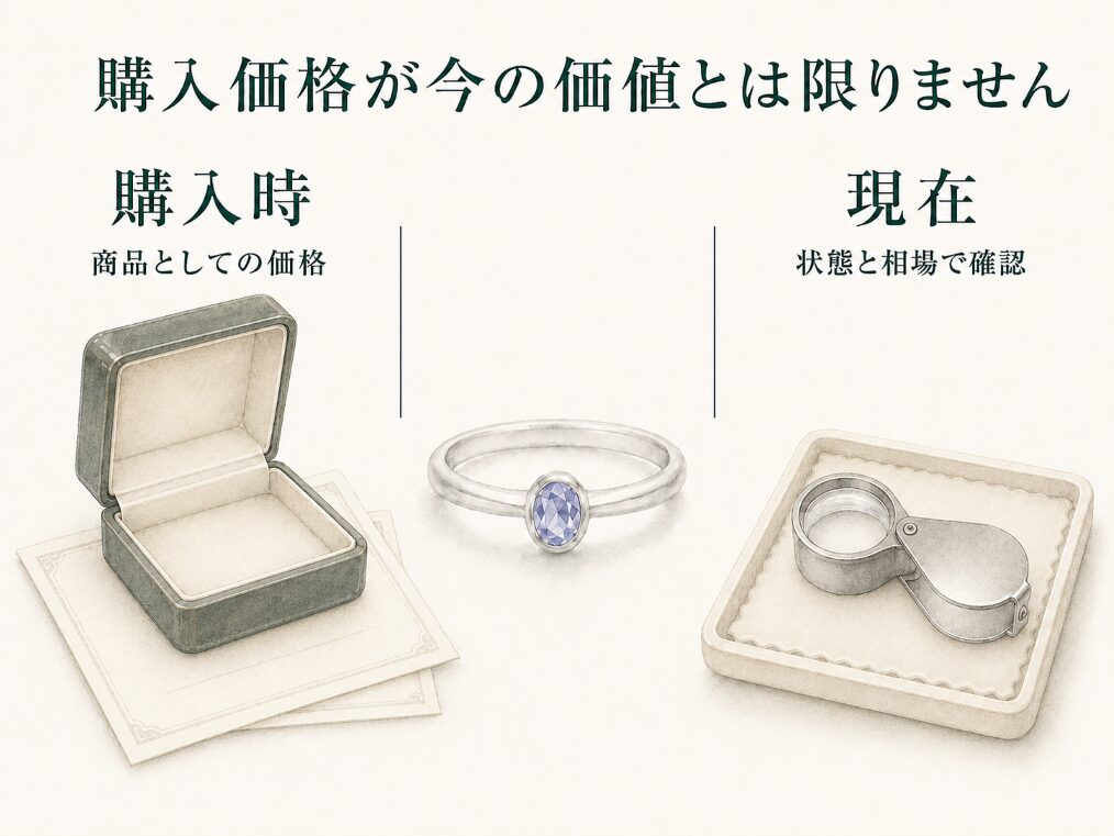 同じ指輪を左右に並べ、購入時の価格と現在の価値確認が同じではないことを示す比較イメージ画像。