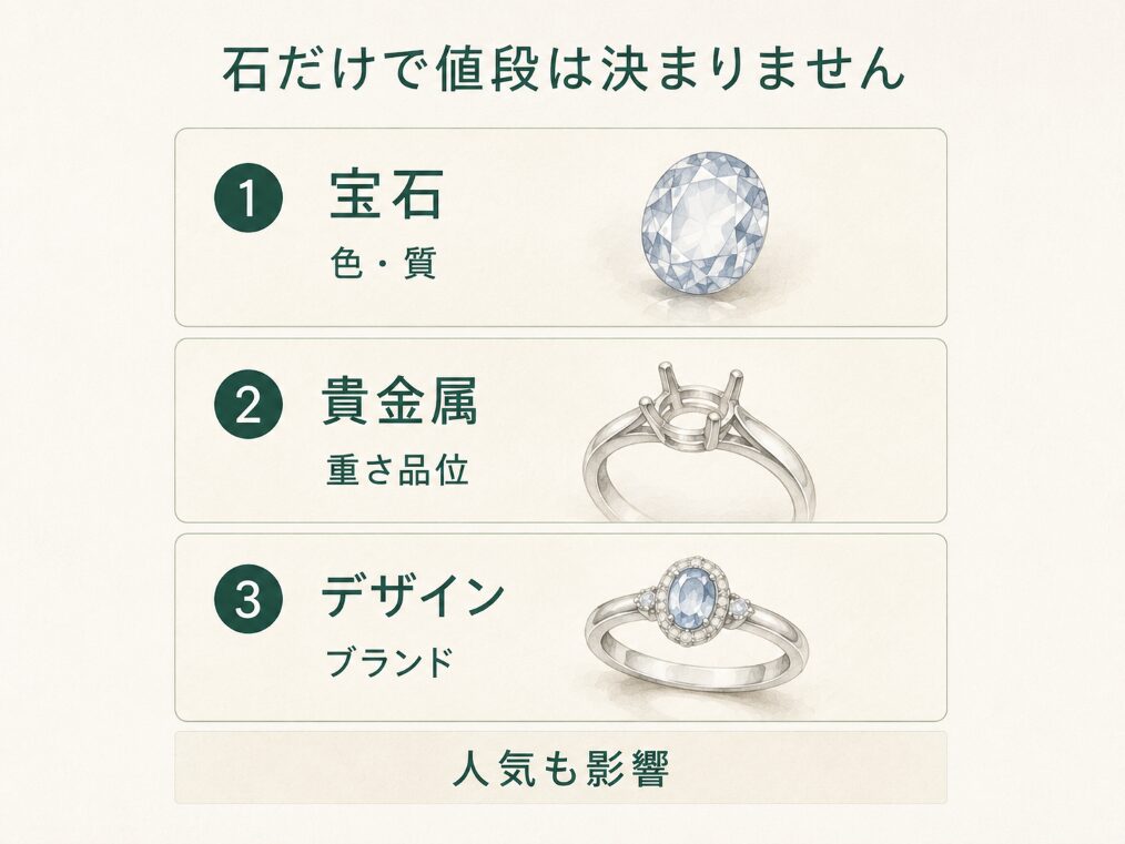 宝石・貴金属・デザインという3つの視点と、市場の人気度も影響することを示す構造図。石だけで価格が決まるわけではないことを示す。