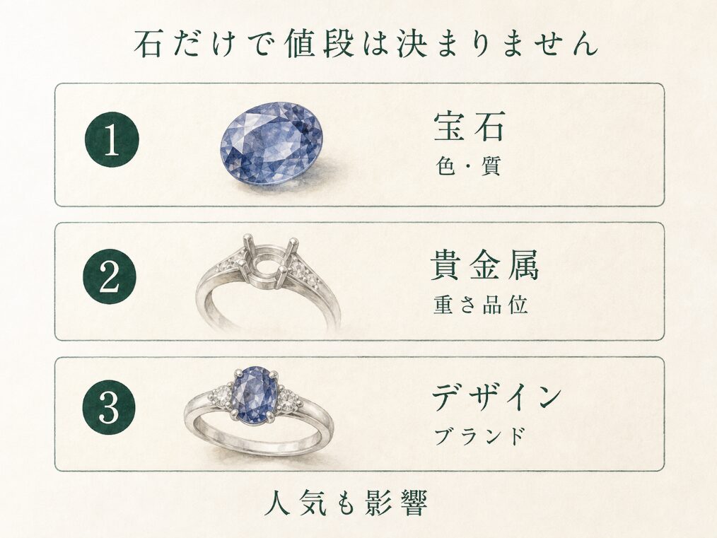 宝石・貴金属・デザインという3つの視点と、市場の人気度も影響することを示す構造図。石だけで価格が決まるわけではないことを示す。