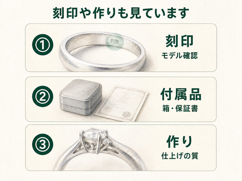 ブランドやデザインの価値を、刻印・付属品・作りと仕上げという3つの手がかりから確認することを示す構造図。