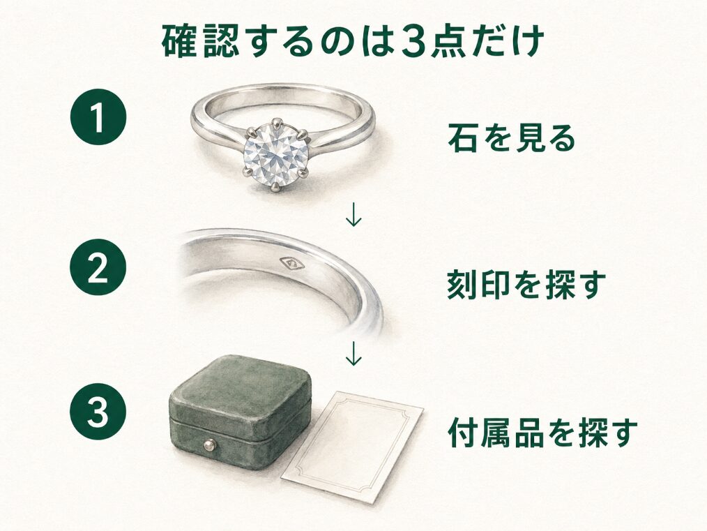 手元のジュエリーについて、石の有無・刻印・付属品の3点を順に確認する手順を示すステップ図。
