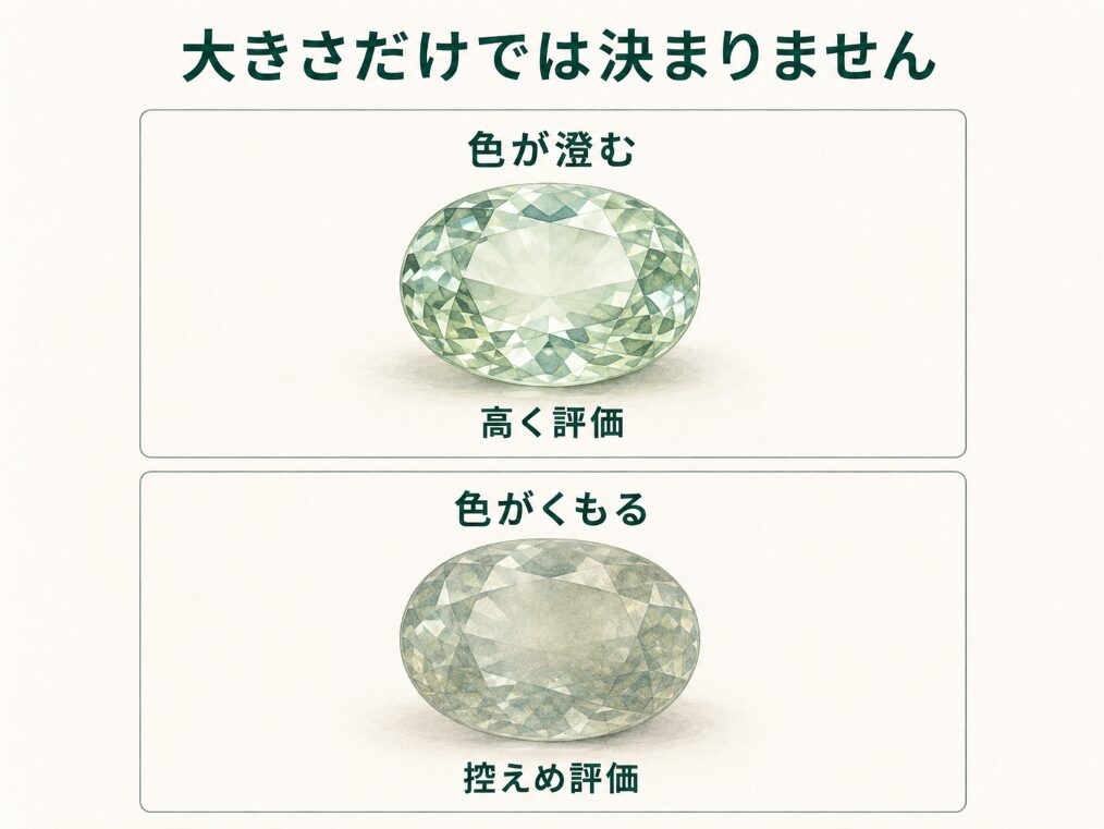 同じ大きさの宝石でも、色の鮮やかさと透明感によって評価が変わることを示す比較画像。