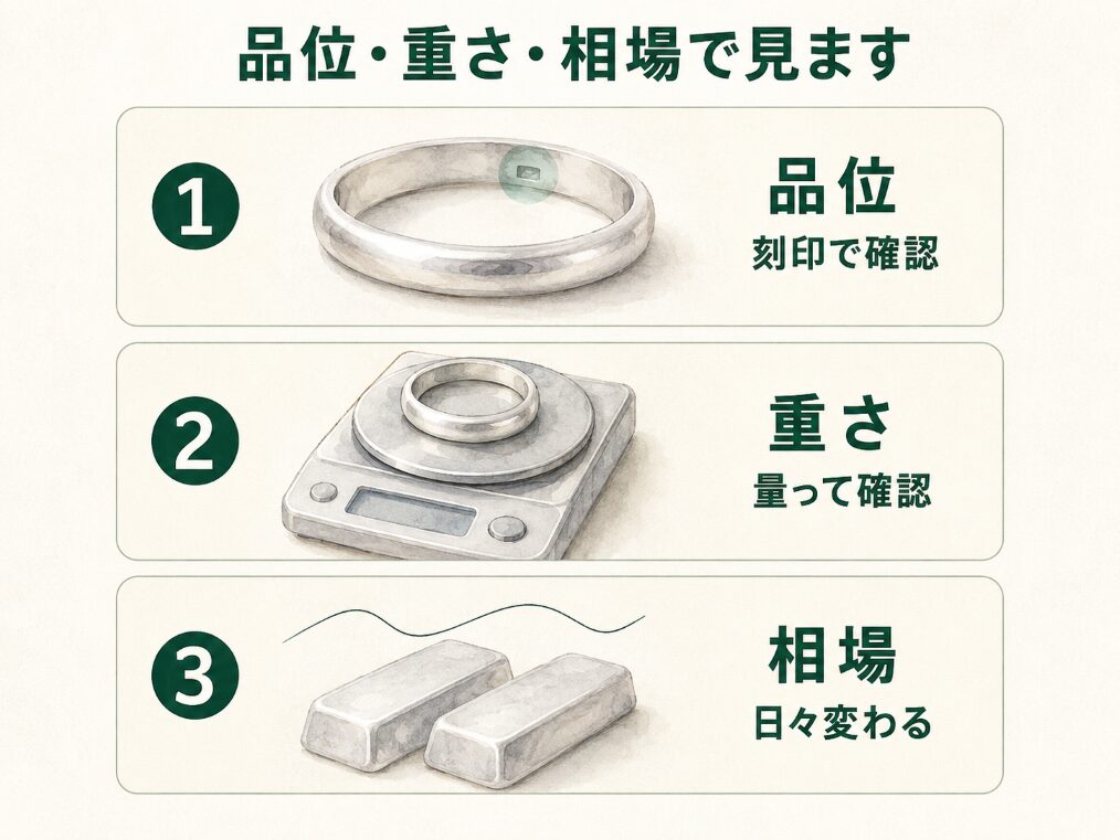 台座や枠の貴金属を、刻印による品位の確認・重さの計測・査定時点の相場という3つの要素で評価することを示す構造図。