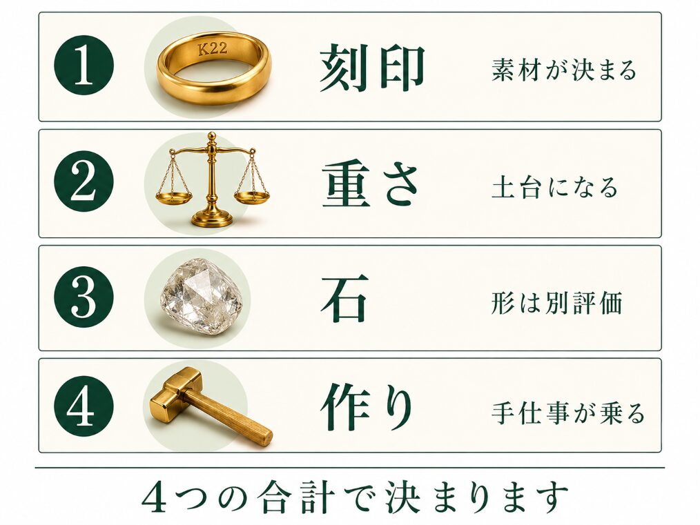 査定額が刻印・重さ・石・作りの4つの合計で決まることを示すカード図です。