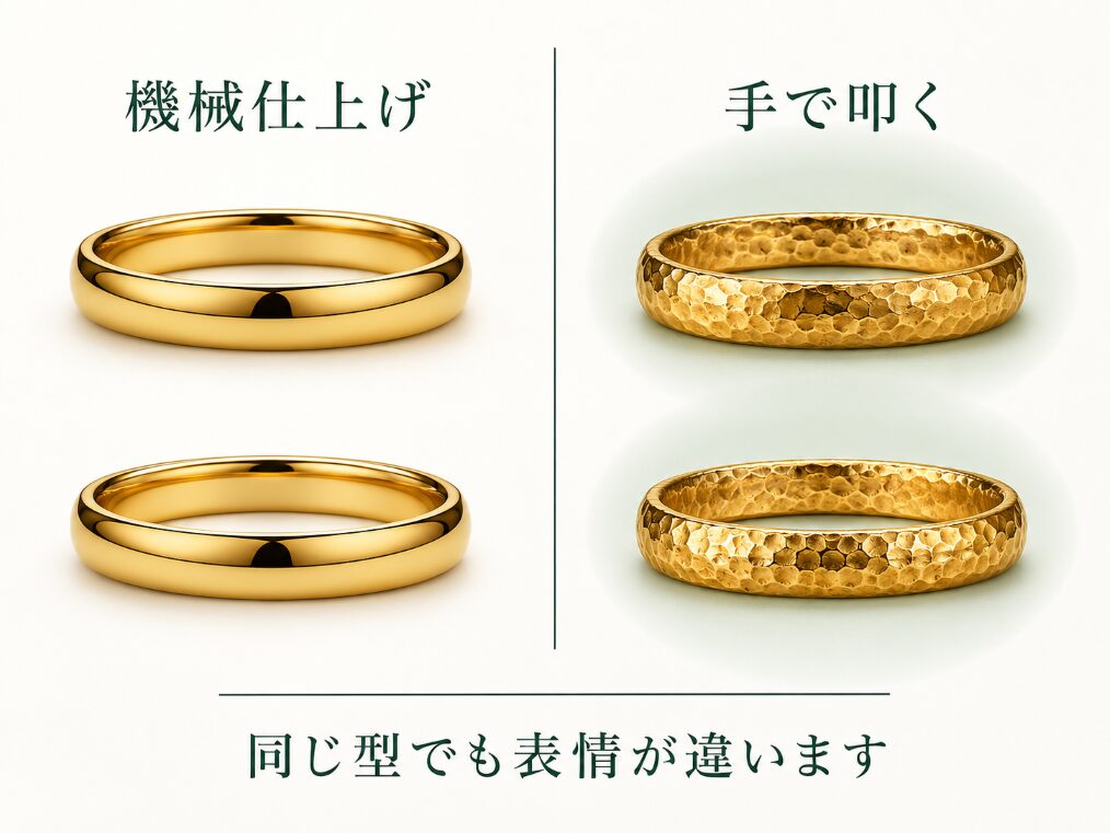 機械仕上げの鏡面のリングと、金槌で叩いた打ち跡のあるリングを対比したイメージ画像です。