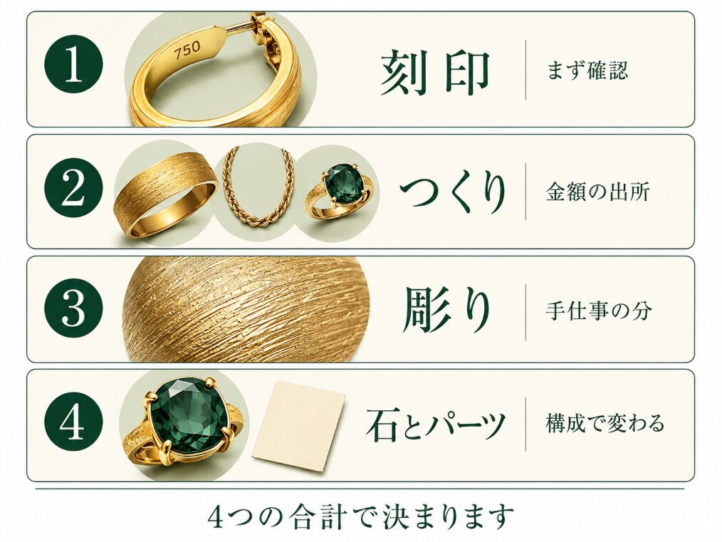 査定額が刻印・つくりの見分け・彫りの残り・石とパーツの4つの合計で決まることを示すカード図です。