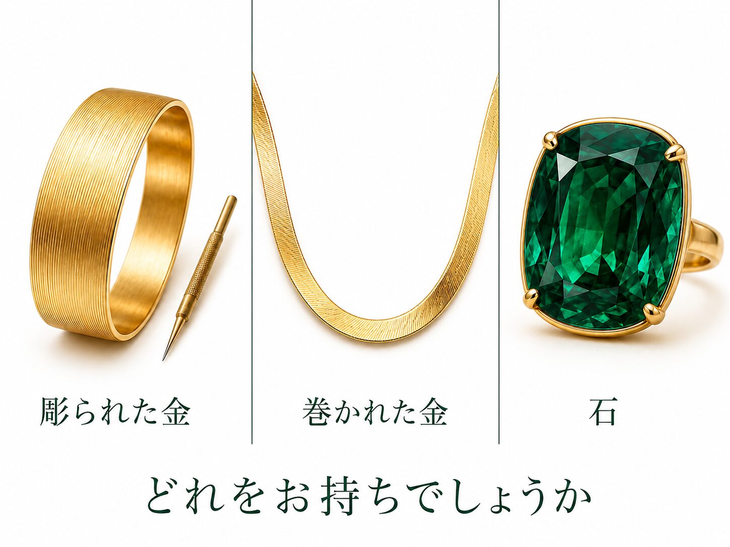 18金の手彫り、手で巻いたコイル、宝石を留めた枠という3つのつくりを並べたイメージ画像です。