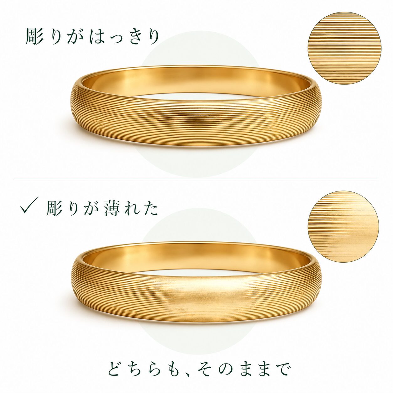 彫りがはっきり残った18金のバングルと、使い込んで彫りが薄れたバングルを並べたイメージ画像です。
