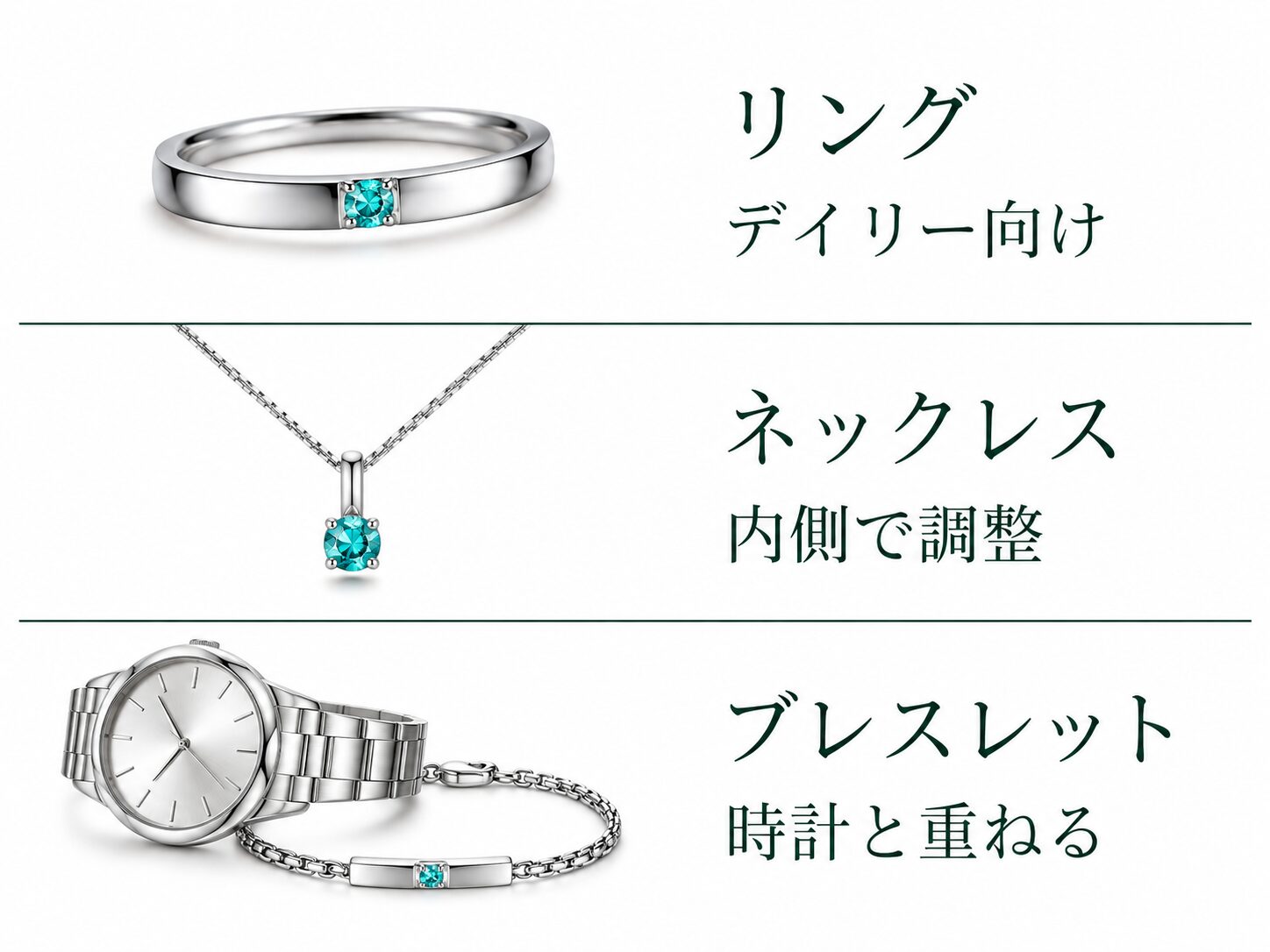 パライバトルマリンのメンズジュエリー3タイプ（リング／ネックレス／ブレスレット）を縦に並べ、身につける頻度や場面によって選びやすい形が変わることを示した図