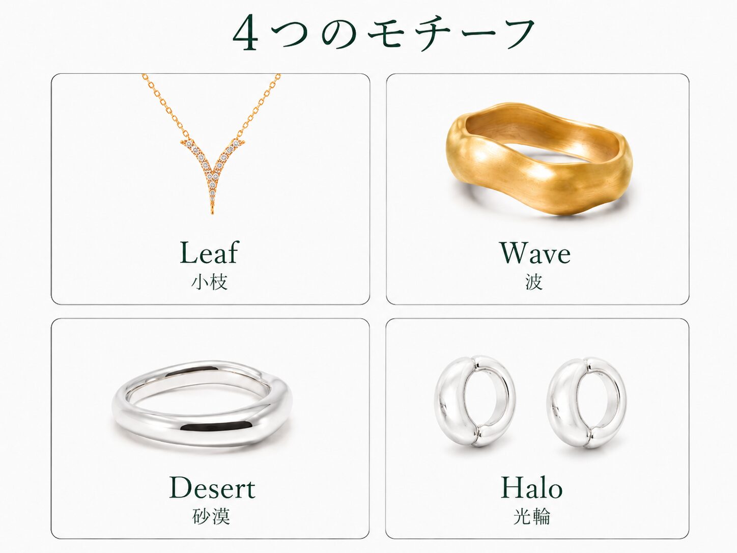 rhjの4シリーズをモチーフにしたイラストです。Leafの小枝、Waveの波打つ曲線、DesertのV字、Haloの丸みという、異なる意匠の特徴を並べて示しています。