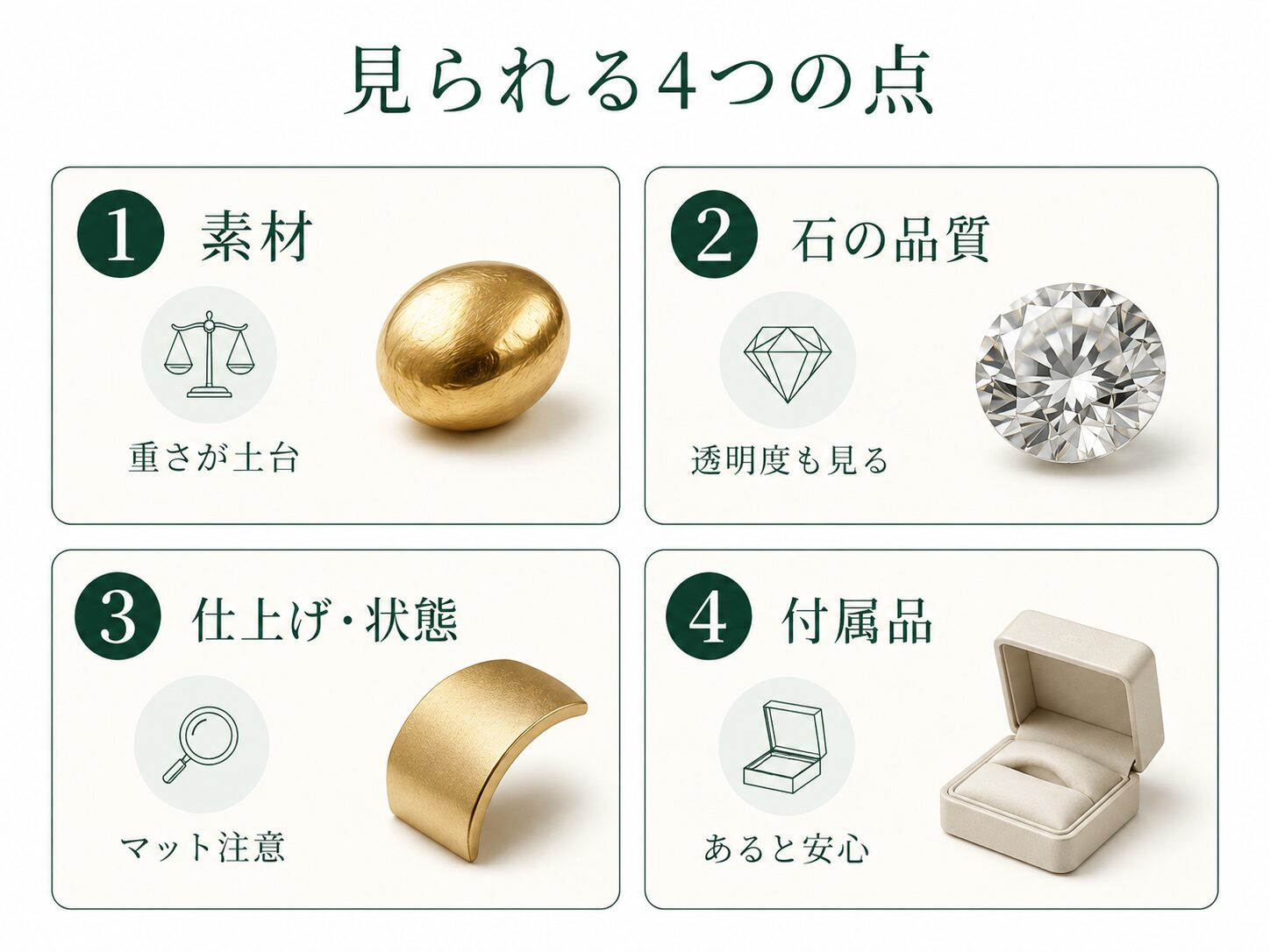 rhjを将来査定するときに見られる4つのポイント（素材・ダイヤモンド・仕上げと状態・付属品）を示すカード図です。