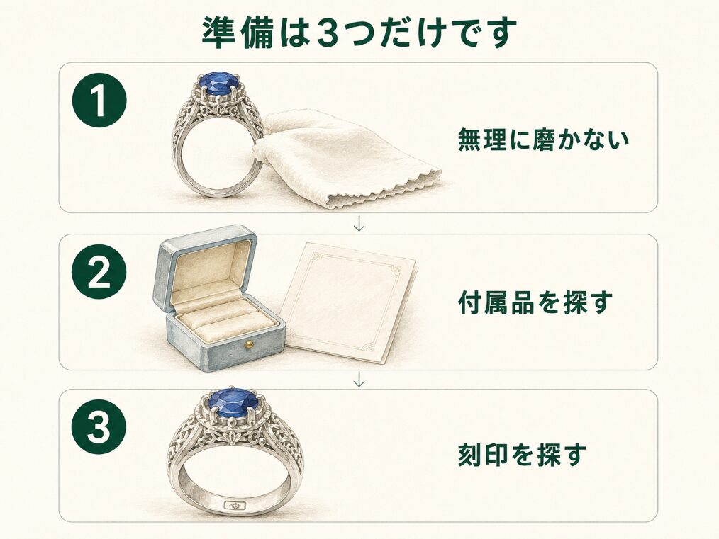古いジュエリーを査定に出す前に、無理に磨かない・付属品を探す・刻印を探すという3つの準備を示すステップ図。