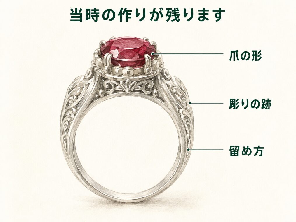 昭和のころのジュエリーに残る、爪の形・彫りの跡・石の留め方といった当時の作りの特徴を示す構造図。