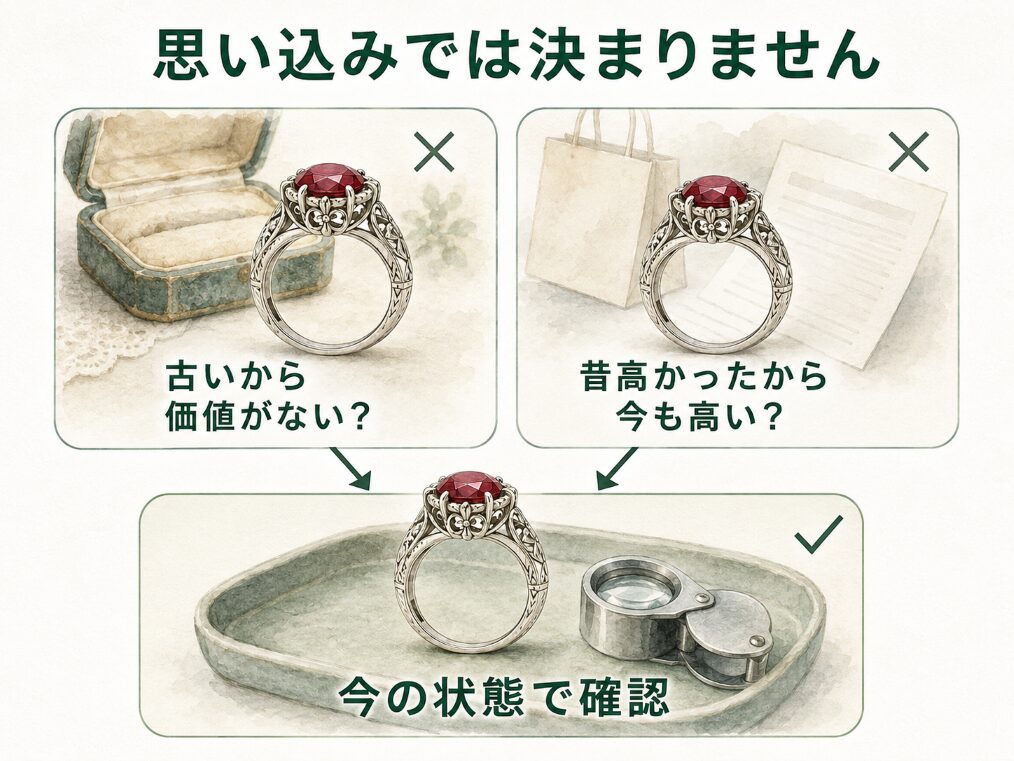「古いから価値がない」という思い込みと「昔高かったから今も高い」という思い込みが、どちらも現在の価値を決めないことを示す比較画像。