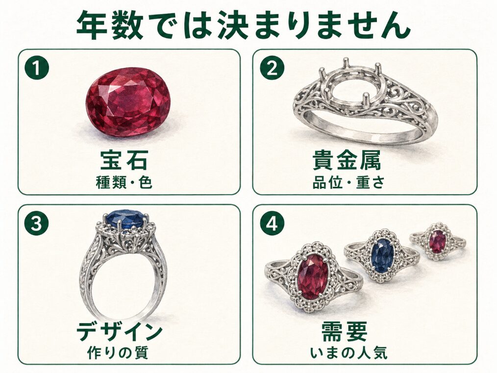 昔のジュエリーの価値が、宝石・貴金属・デザイン・いまの需要という4つの視点から見られることを示す構造図。