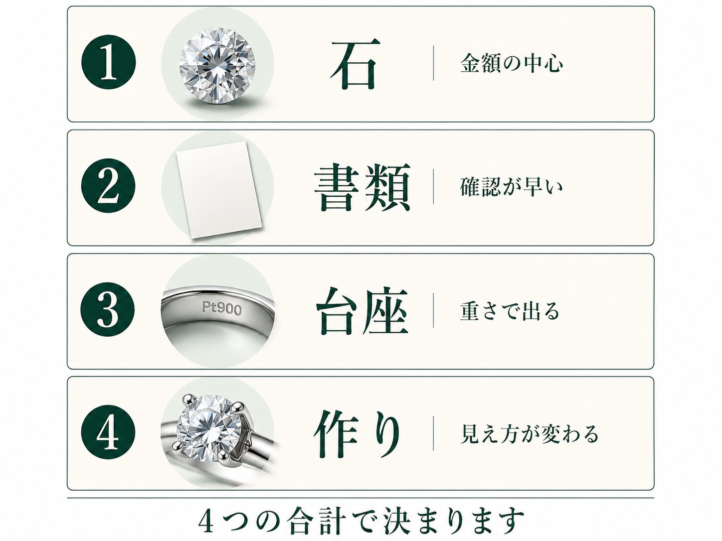 査定額が石・書類・台座・作りの4つの合計で決まることを示すカード図です。