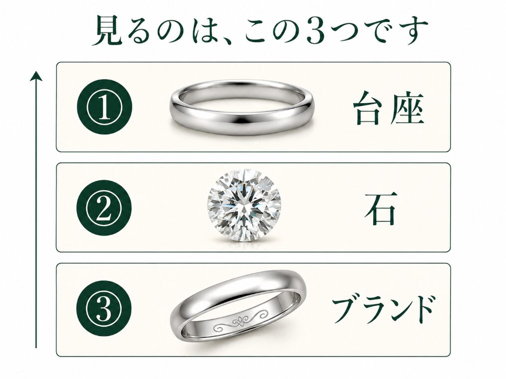 結婚指輪の査定で確認する、台座の貴金属・ダイヤモンド・ブランドの3つを示した構造図。