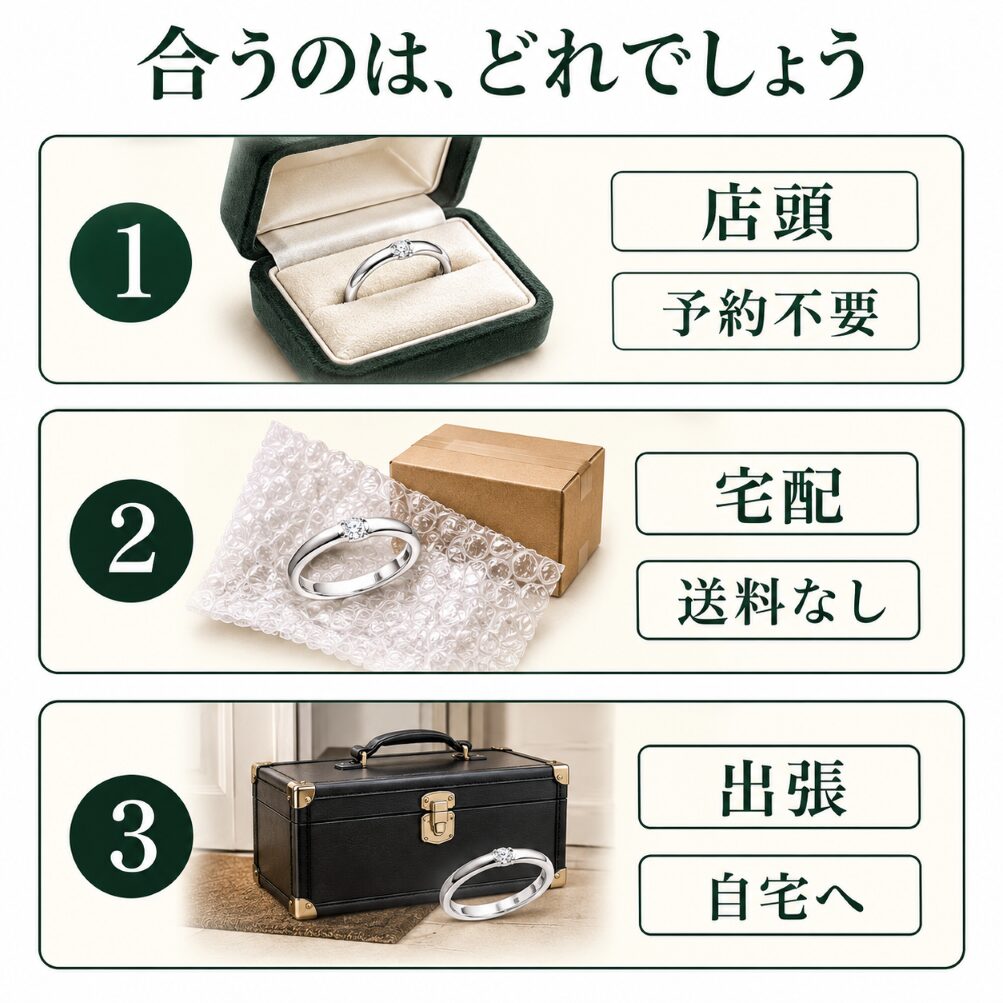 結婚指輪の売り方として店頭・宅配・出張の3つを並べ、それぞれ向いている状況を示した図。