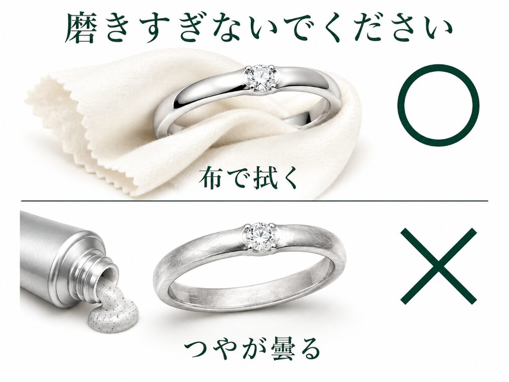 結婚指輪を売る前に、乾いた布で軽く拭う程度にとどめ、研磨剤や石外しは避けることを示した比較図。