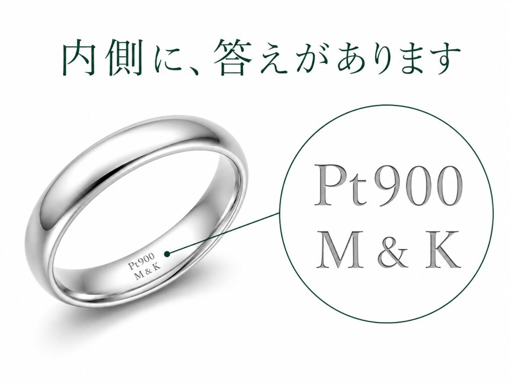 結婚指輪の内側に入った刻印を拡大して示した図。Pt900の素材表記とイニシャルの刻印の位置がわかる。