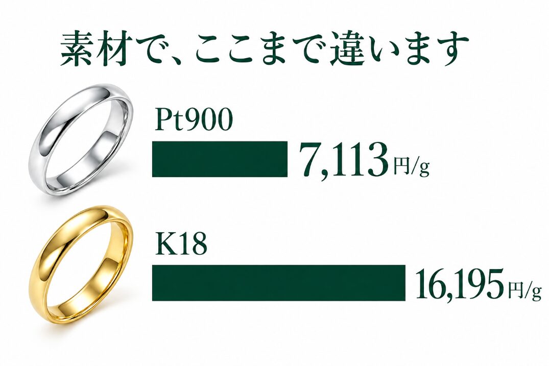 プラチナと金の結婚指輪を並べ、1グラムあたりの買取単価の差をバーの長さで比較した図。