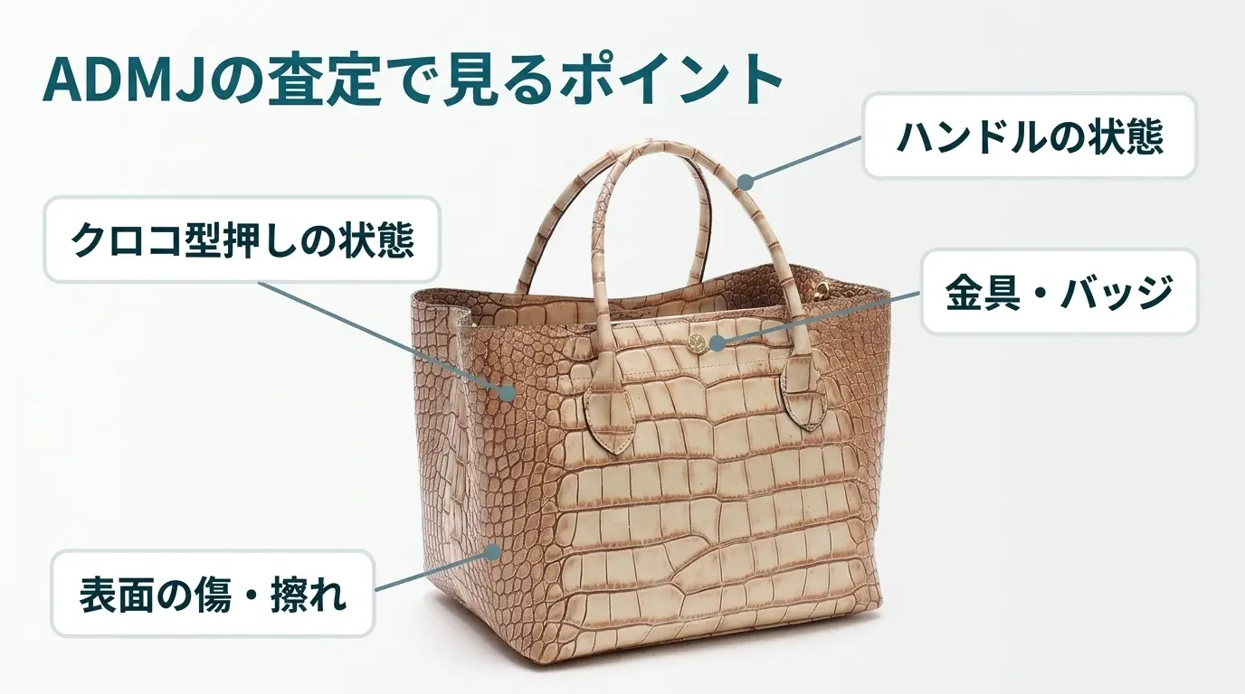 ADMJの査定で見るポイント。クロコ型押しの状態、ハンドルの状態、金具・バッジ、表面の傷・擦れを拝見します