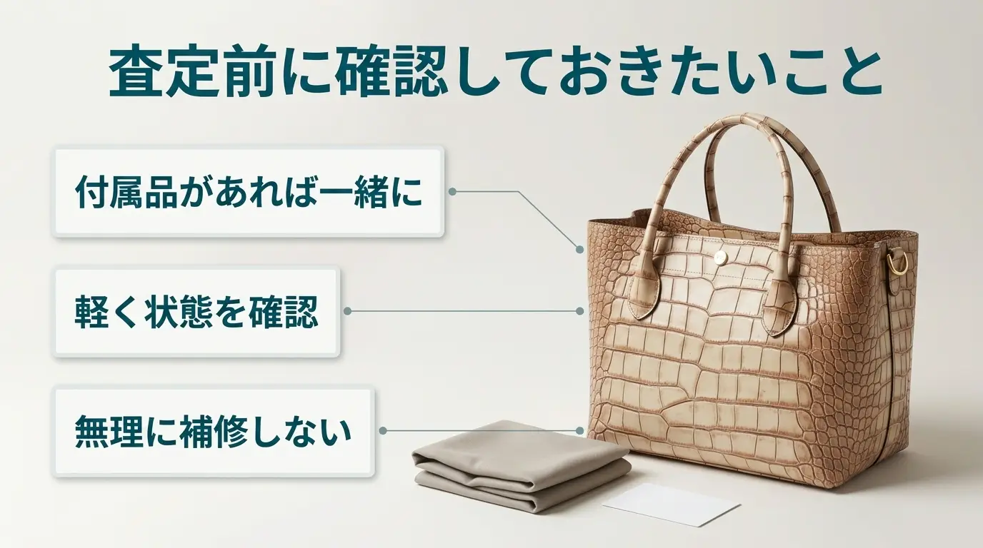 査定前に確認しておきたいことは、付属品があれば一緒に、軽く状態を確認、無理に補修しない、の3つです