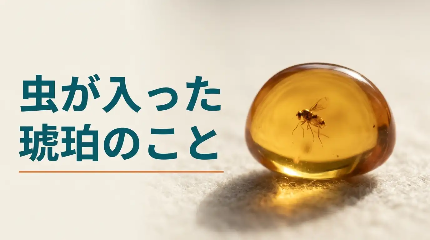 内部に小さな虫が入った琥珀を布の上に置いた写真