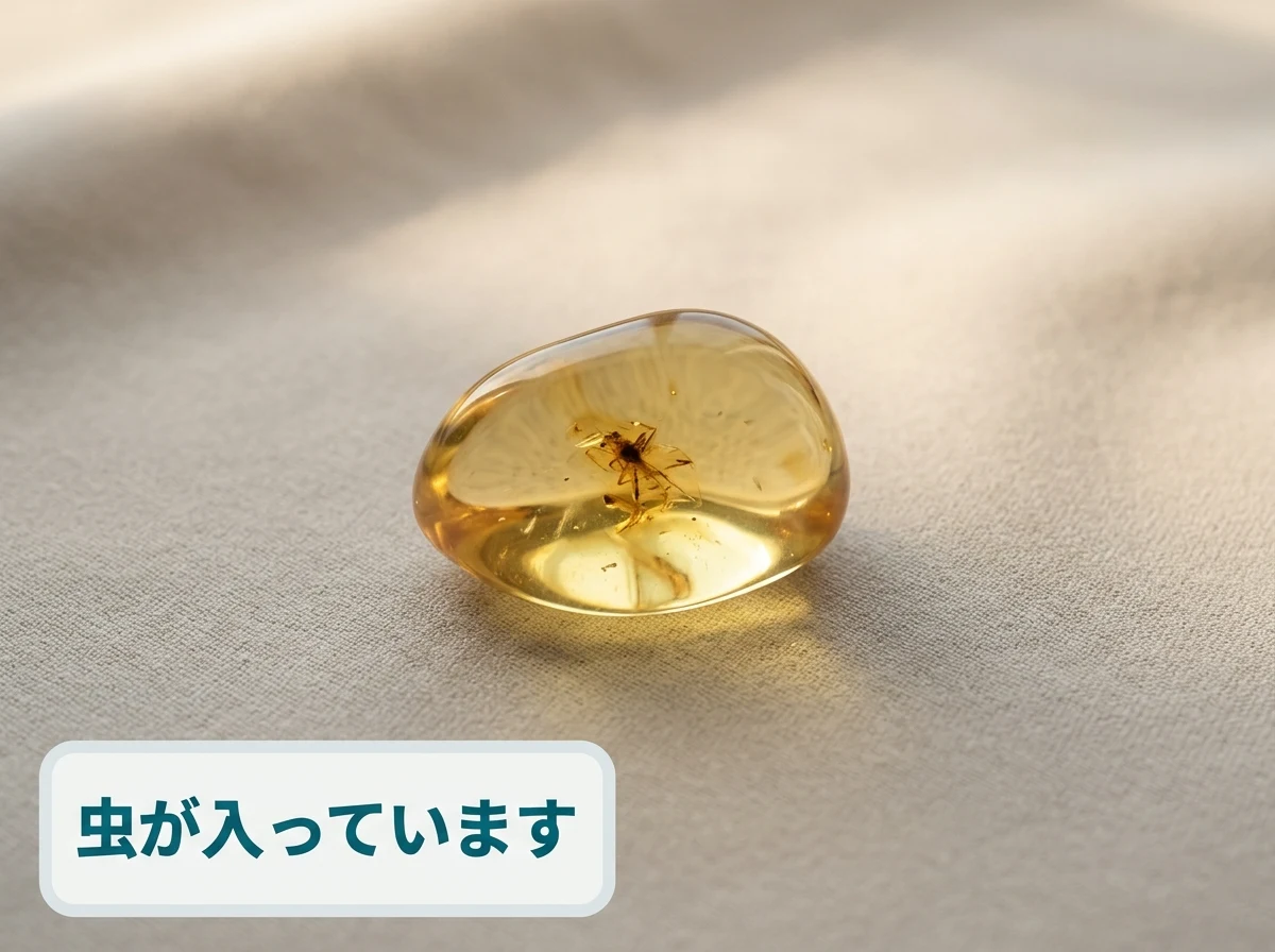 内部に小さな虫が入った琥珀を布の上に置いた写真